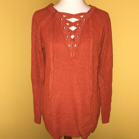 2/$20 Juliette burnt orange lace front sweater - Picture 2 of 5